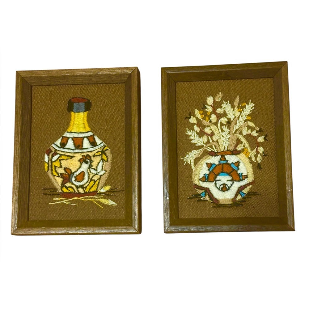 Vintage Framed Embroidered Southwestern Art- Set of 2